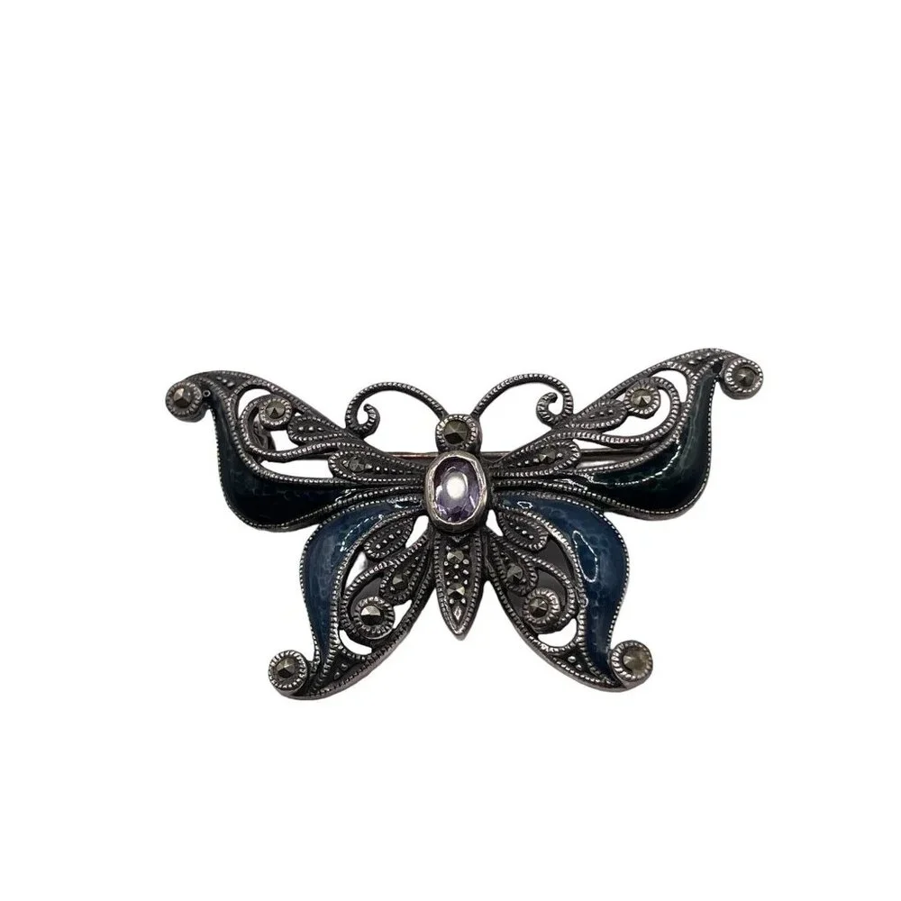 Sterling Silver 925 Faceted Amethyst Marcasite Enameled Butterfly Brooch Pin VTG
